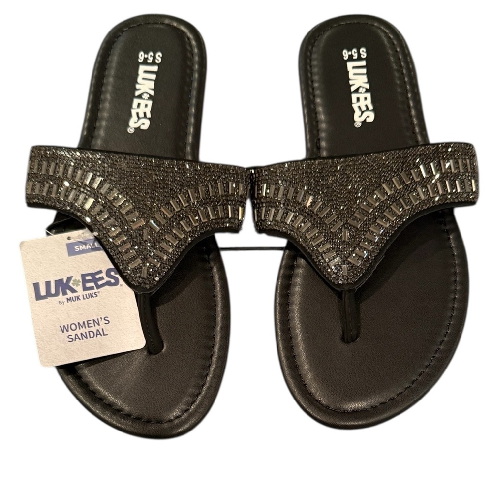 Luk-*ees Size 5 - 6 Small Women's Black Sandals Flip Flops by Muk Luk Beaded - Picture 2 of 3